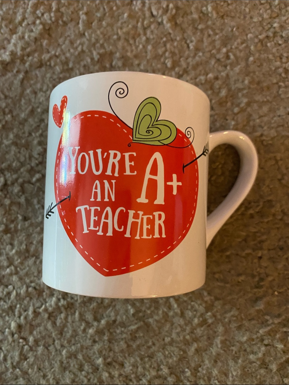White Ceramic Teacher Mug with Red Heart Design